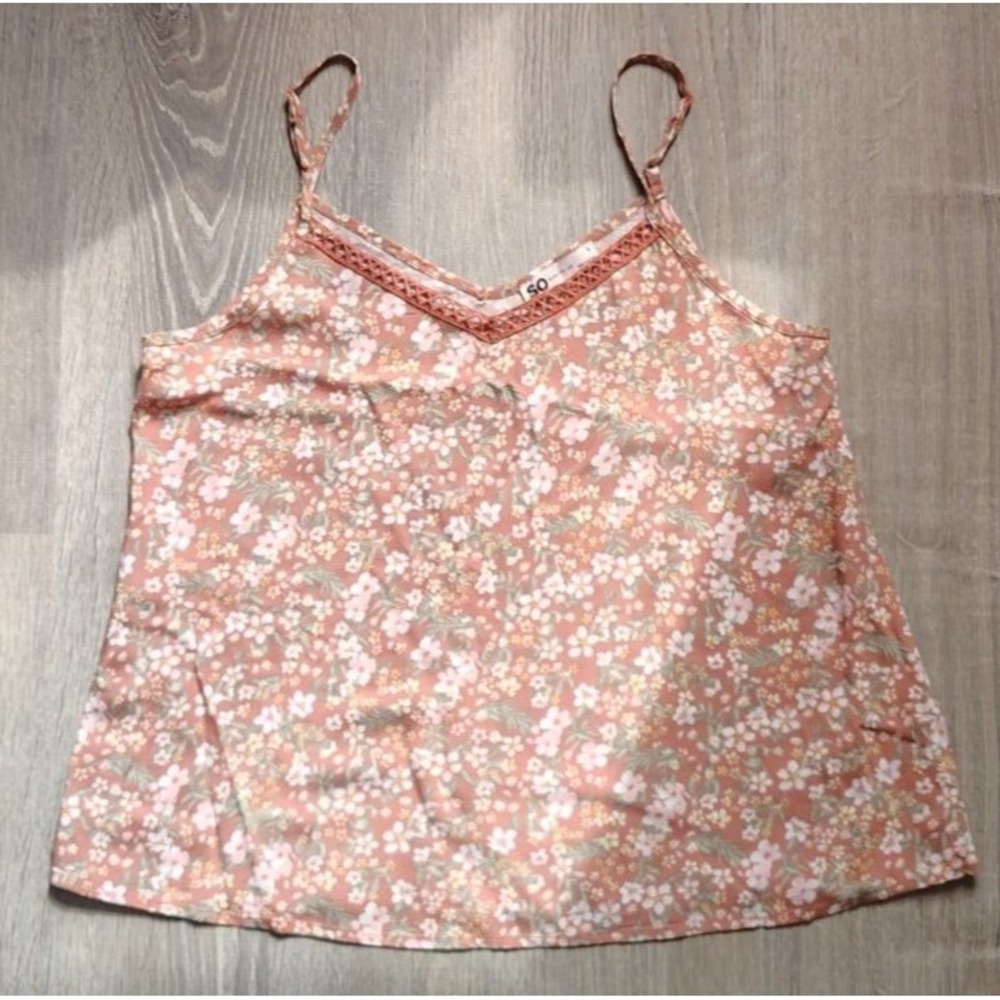 SO Small Lace Trim Brown Floral Camisole Adjustable Spaghetti‎ Straps Loose